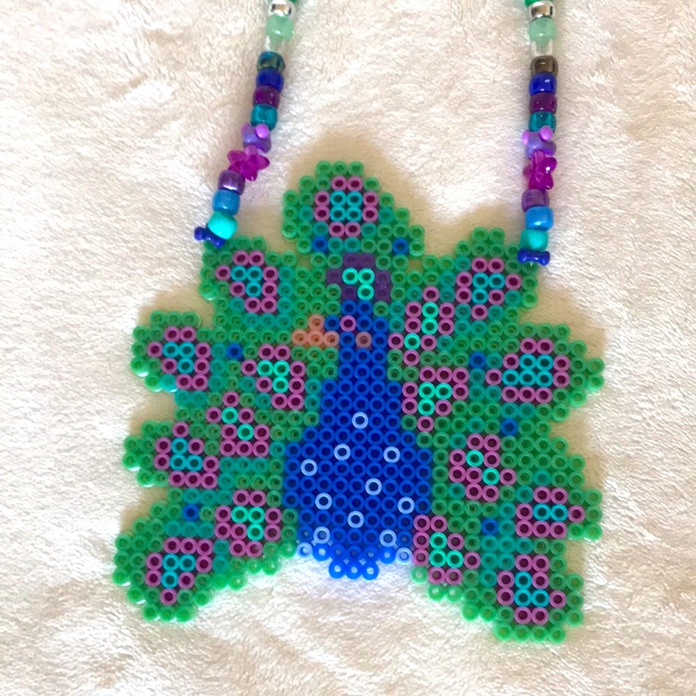 Proud Peacock Beaded Necklace — Colorful Statement Pendant, OS, Handmade